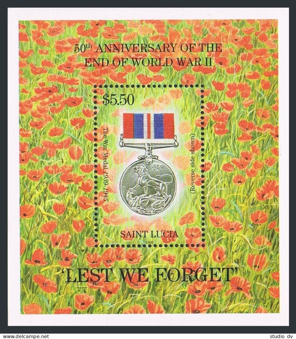 St Lucia 1022, MNH. Mi Bl.62. End Of WW II, 50th Ann. 1995. War Medal 1939-1945. - St.Lucie (1979-...)