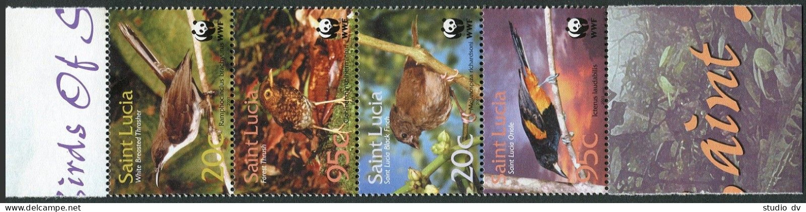 St Lucia 1132-35,strip.MNH. WWF 2001. Birds:Thrasher,Finch,Oriole,Forest Thrush. - St.Lucie (1979-...)