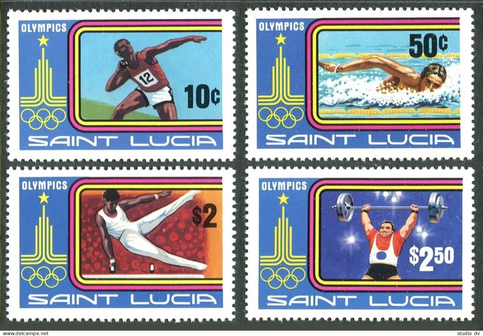 St Lucia 516-519,520, MNH. Mi 514-517,518 Bl.24. Olympics Moscow-1980. Swimming. - St.Lucia (1979-...)