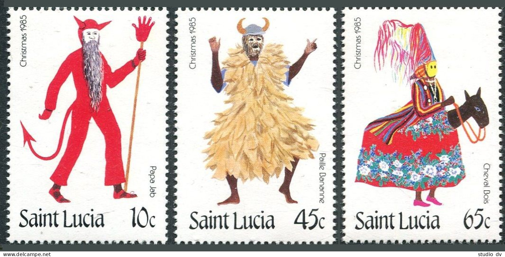 St Lucia 803-805,806,MNH.Ni 810-812,Bl.44. Christmas 1985.Masquerade Figures,Art - St.Lucia (1979-...)