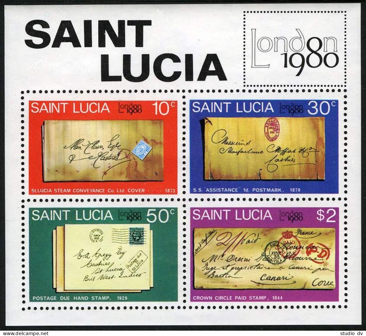 St Lucia 487-490, 490a, MNH. Michel 480-483, Bl.20. LONDON-1980. Post History. - St.Lucia (1979-...)