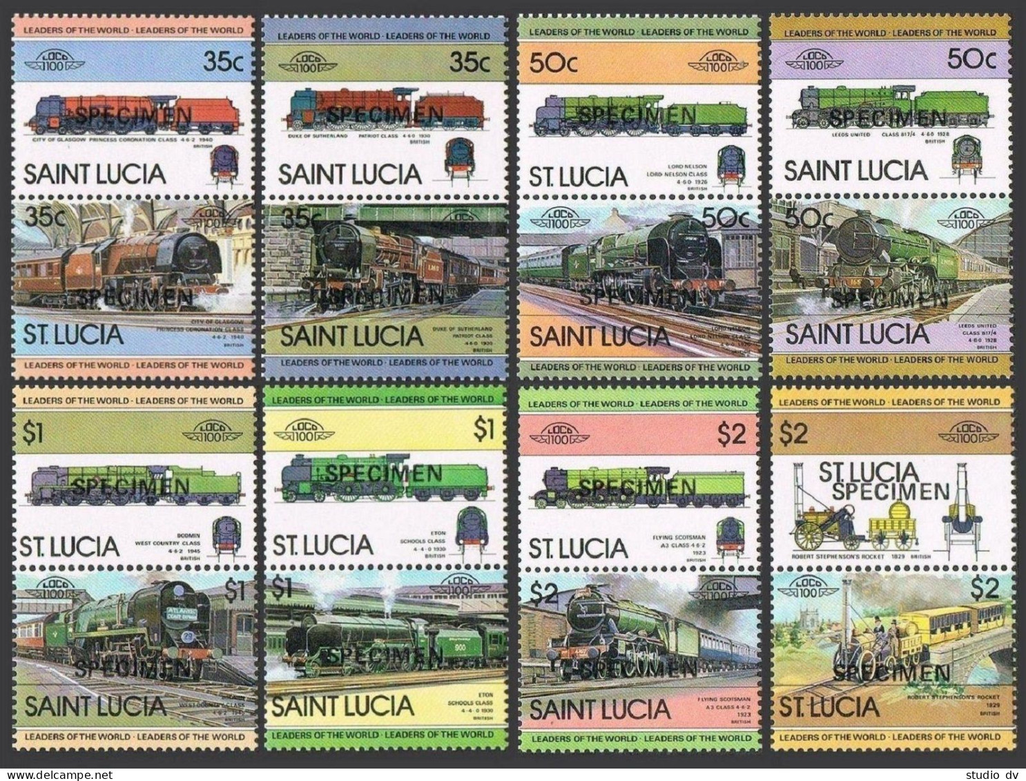 St Lucia 617-624 Ab Pairs, SPECIMEN, MNH. Michel 612-627.Locomotives,set 1,1983. - St.Lucia (1979-...)