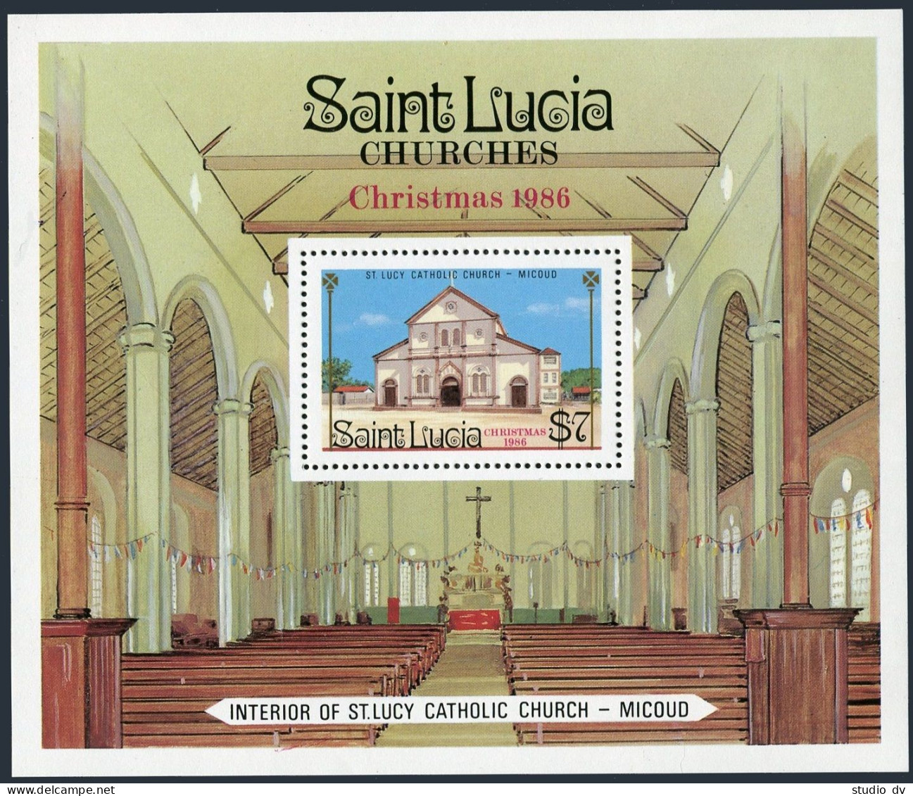 St Lucia 871,MNH.Michel 881 Bl.52. Interior:St Lucy Catholic Church,1986. - St.Lucia (1979-...)