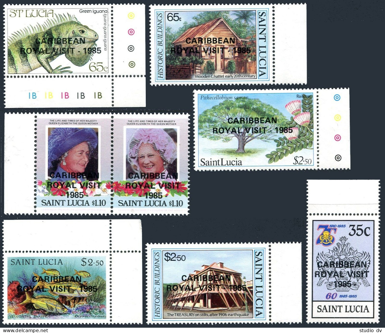 St Lucia 796-802,MNH.Michel 802-809. Caribbean Royal Visit 1985.Overprint. - St.Lucia (1979-...)
