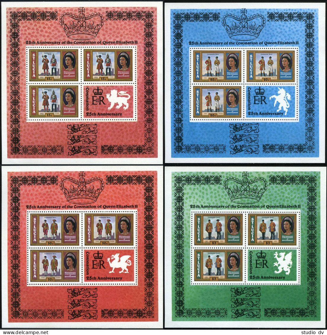 St Lucia 438-441 Sheets, MNH. Mi 436C-439C. Coronation QE II, 25. Dress Uniforms - St.Lucia (1979-...)