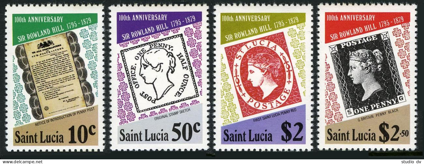 St Lucia 478-482, MNH. Mi 467-470,Bl.18. Sir Rowland Hill, 1979. Stamp On Stamp. - St.Lucia (1979-...)