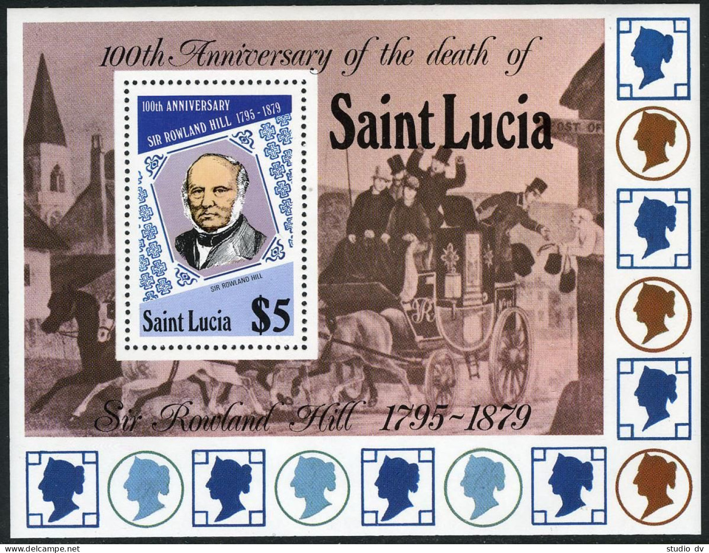 St Lucia 478-482, MNH. Mi 467-470,Bl.18. Sir Rowland Hill, 1979. Stamp On Stamp. - St.Lucie (1979-...)