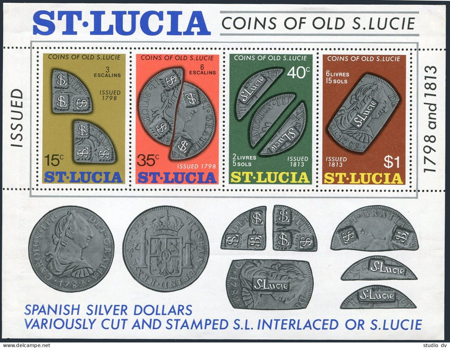 St Lucia 358a Sheet,MNH.Michel 348-351 Bl.4. Spanish Coins Of Old St Lucie,1974, - St.Lucie (1979-...)