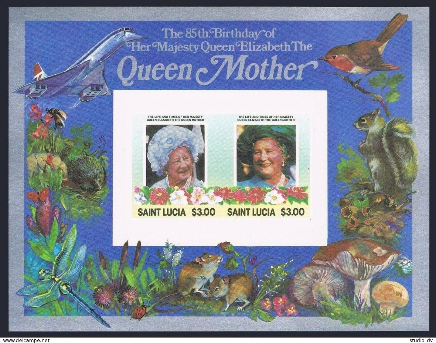 St Lucia 787-788 Imp,MNH. Queen Mother 85.Wild Life,1985.Butterfly,Dragonfly, - St.Lucia (1979-...)