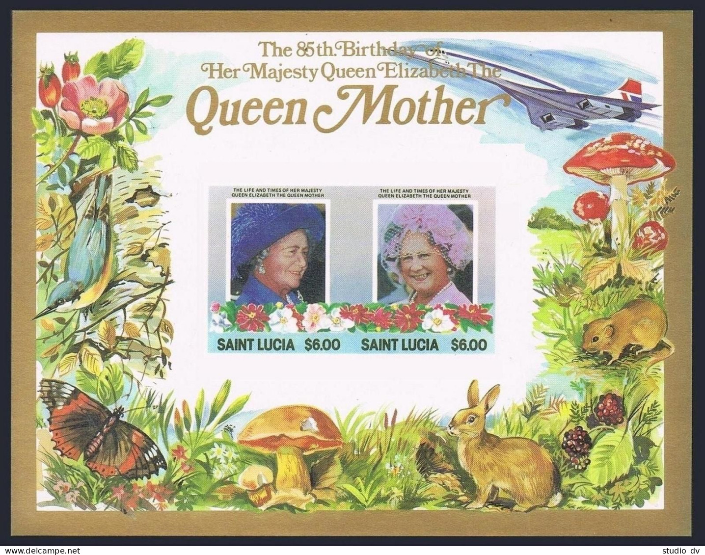 St Lucia 787-788 Imp,MNH. Queen Mother 85.Wild Life,1985.Butterfly,Dragonfly, - St.Lucia (1979-...)