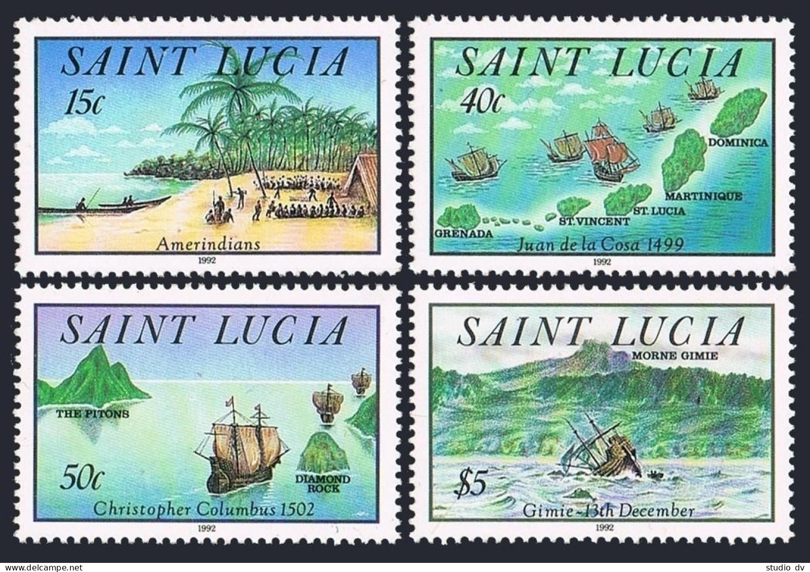 St Lucia 993-996, MNH. Discovery Of America-500, 1992. Contact With New World. - St.Lucie (1979-...)