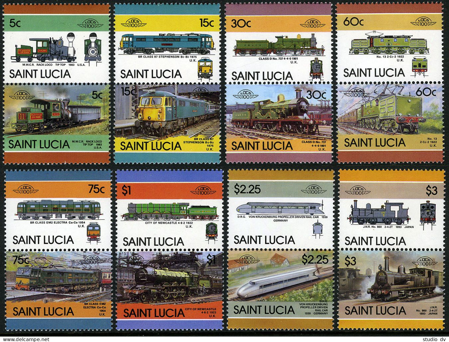 St Lucia 807-814 Ab Pairs,MNH.Michel 814-829. Locomotive,set 5,1986. - St.Lucie (1979-...)