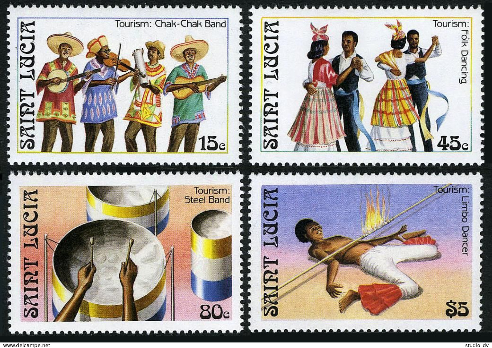 St Lucia 862-865,866,MNH.Mi 872-875,Bl.33. Tourism 1986.Folk Dancing,Steel Bands - St.Lucie (1979-...)