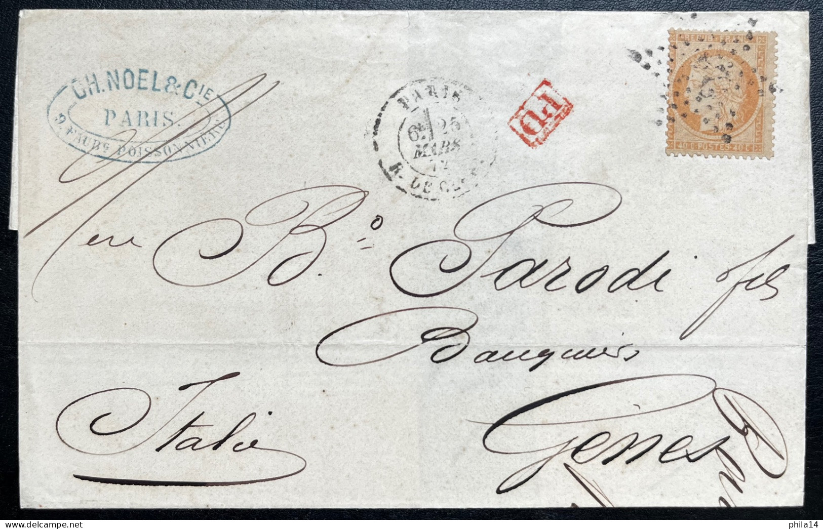 N°38 40c ORANGE CERES SUR LETTRE / ETOILE 24 PARIS POUR GENES ITALIE / 25 MARS 1872 / LSC - 1849-1876: Klassieke Periode