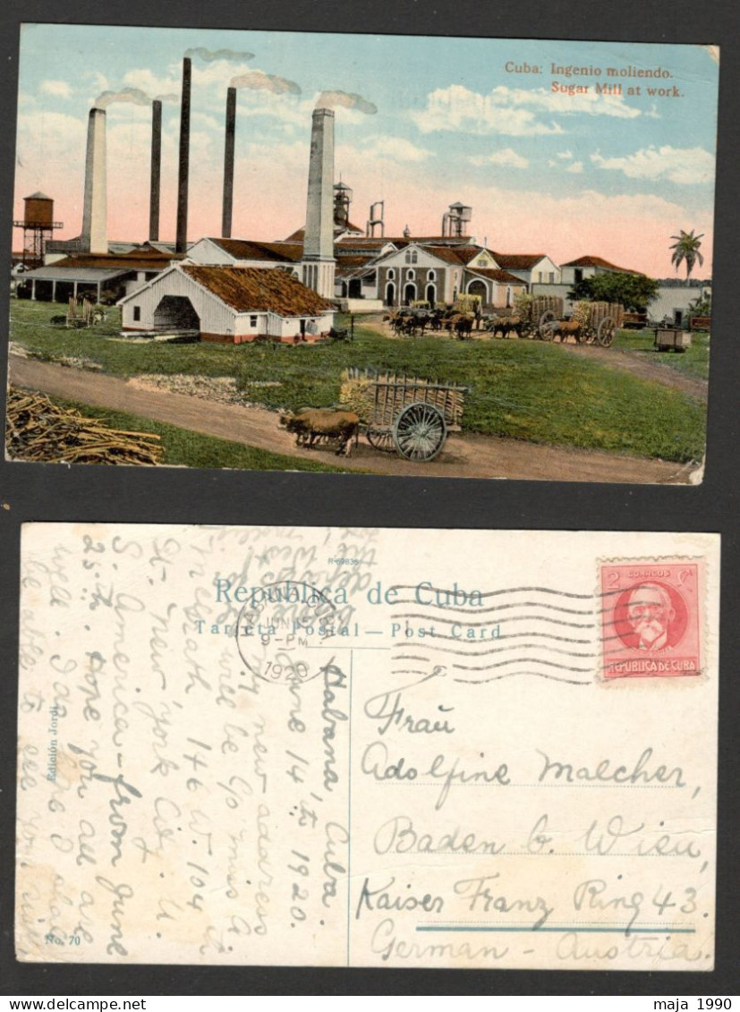 CUBA  TO GERMANY, AUSTRIA - POSTCARD "SUGAR MILL AT WORK" - 1920. - Andere & Zonder Classificatie