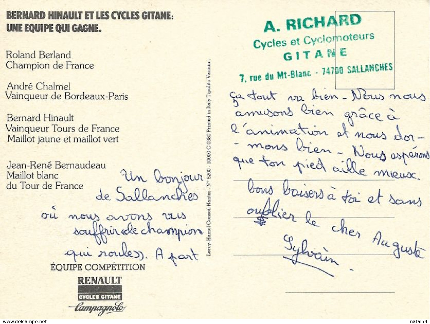 Cyclisme - Bernard HINAULT Et Les Cycles GITANE - CPM écrite - Ciclismo
