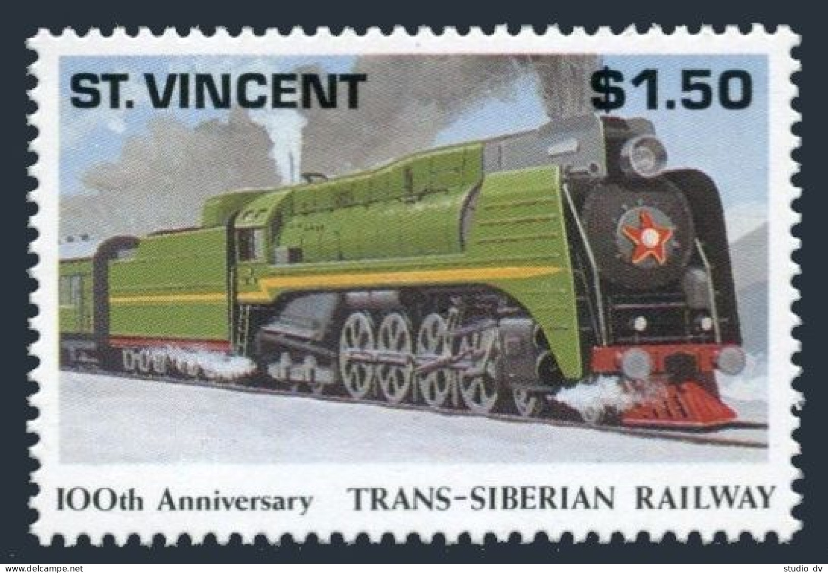 St Vincent 1555,MNH.Mi 1861. Trans-Siberian Railway,100th Ann.1991.Locomotive. - St.Vincent (1979-...)