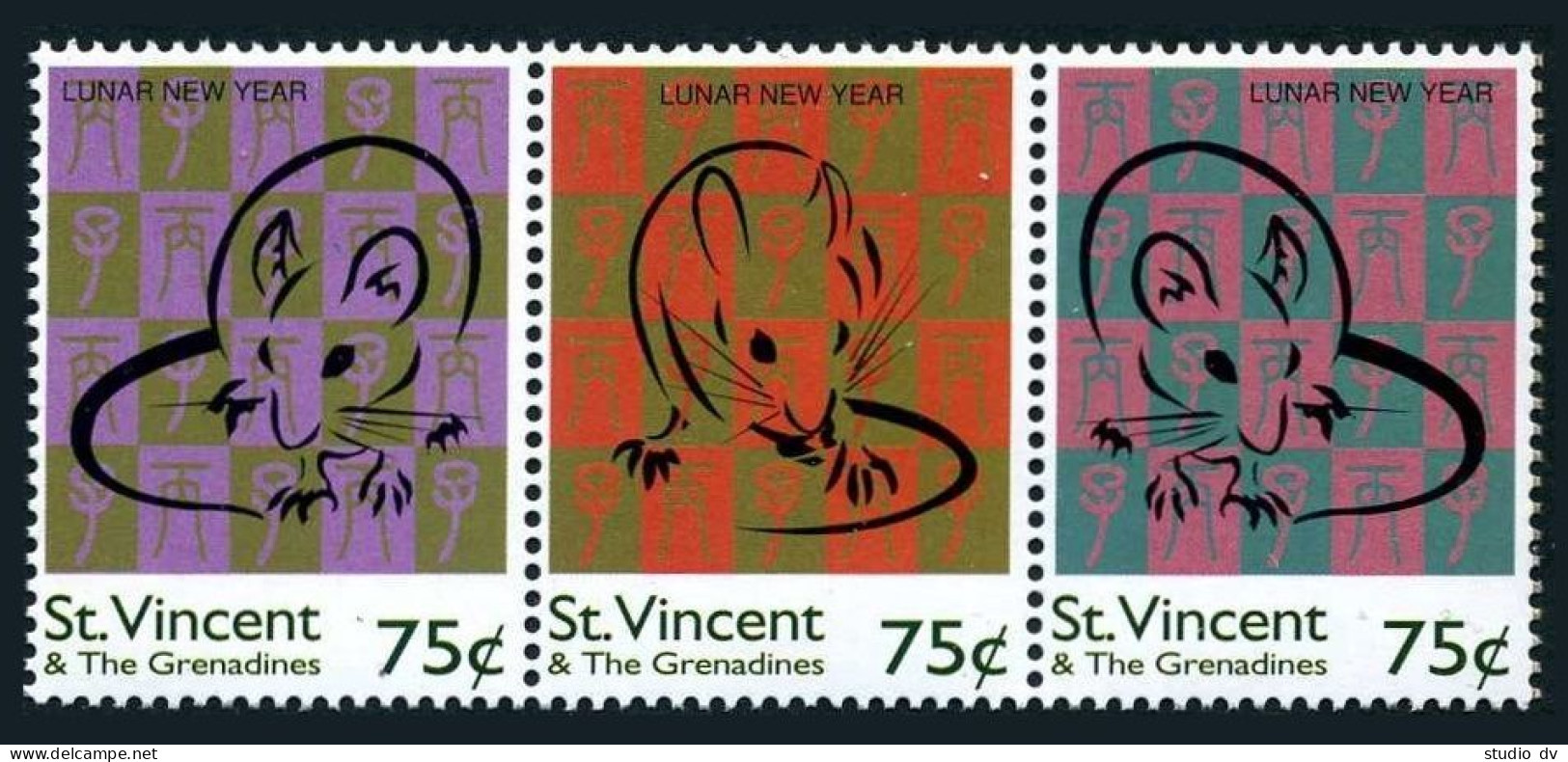 St Vincent 2241 Ac Strip,MNH.Mi 3372-3374. New Year 1996,Lunar Year Of The Rat. - St.Vincent (1979-...)