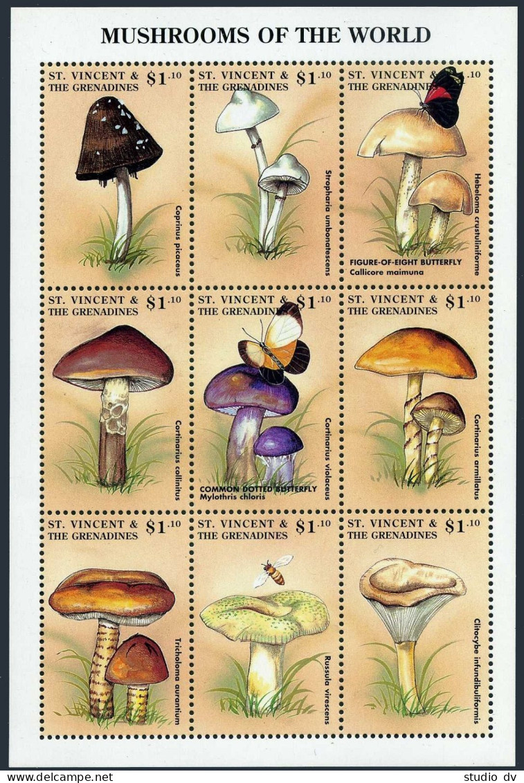 St Vincent 2559 Ai,2561,MNH.Mi 4319-27,Bl.448. Mushrooms 1998.Butterfly,Bee. - St.Vincent (1979-...)