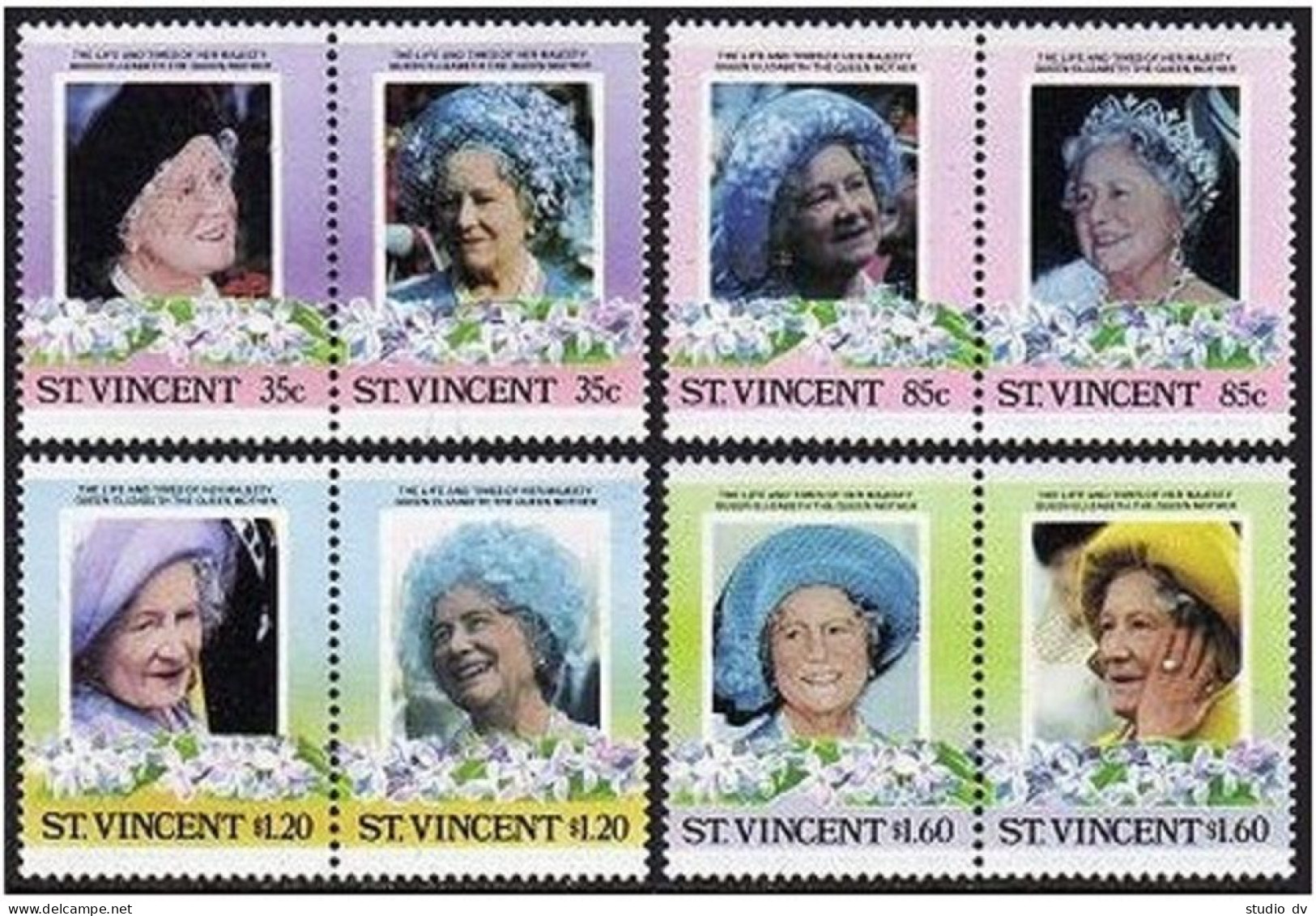 St Vincent 861-864, 865, MNH. Mi 848-855,Bl.19. Queen Mother 85th Jubilee, 1985. - St.Vincent (1979-...)