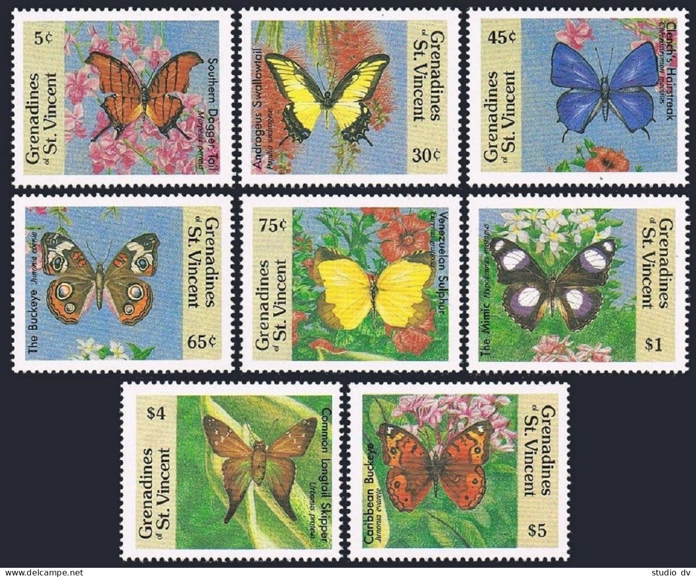 St Vincent Gren 661-668,MNH.Michel 664-671. Butterflies 1989.Flowers. - St.Vincent (1979-...)