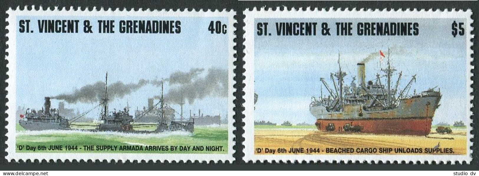 St Vincent 2084-2085, 2086, MNH. Mi 2846-2847, Bl.319. D-Day WW II, 1994. Ships. - St.Vincent (1979-...)