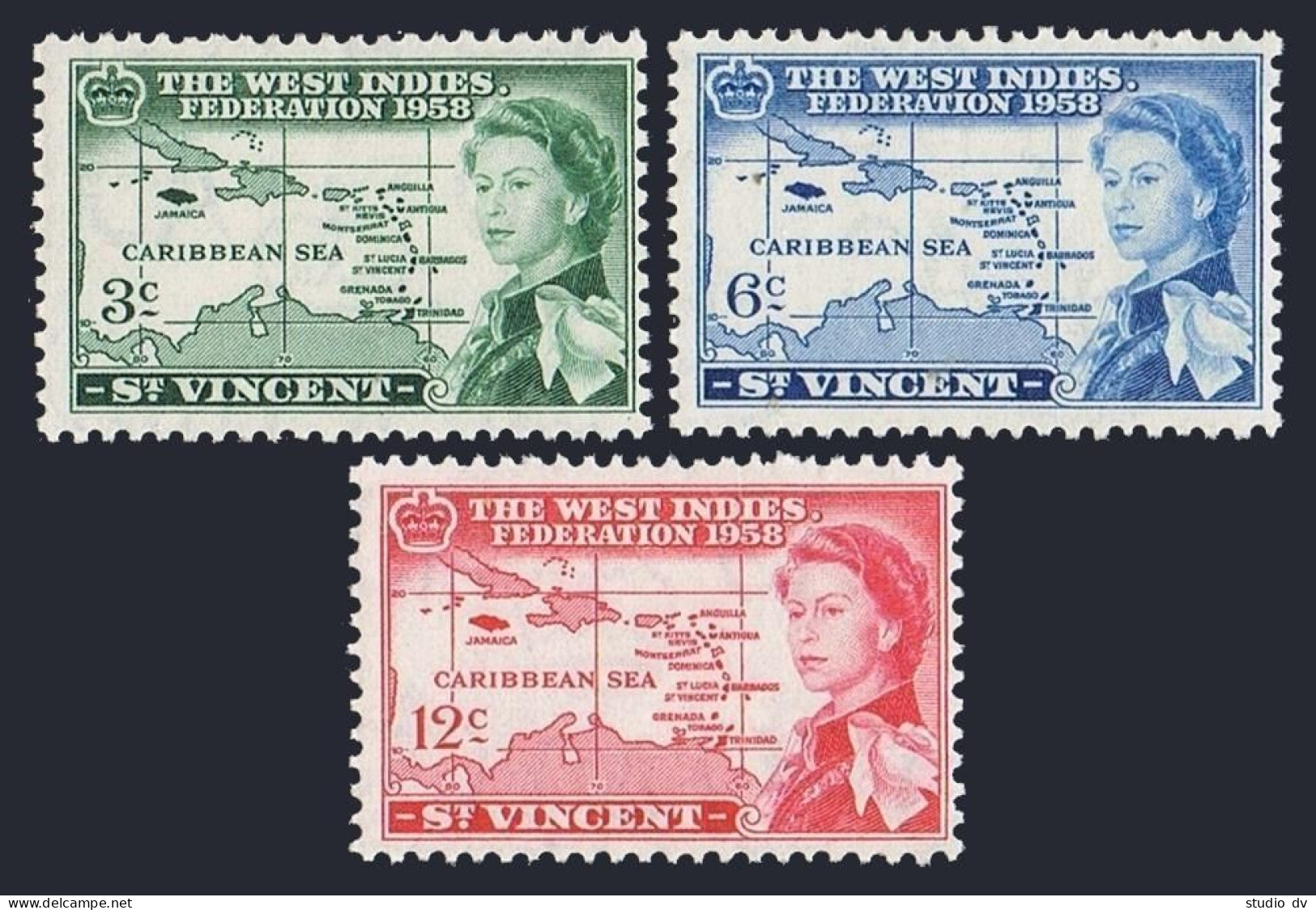 St Vincent 198-200,MNH. Mi 180-182. West Indies Federation, 1958. Map: Caribbean - St.Vincent (1979-...)