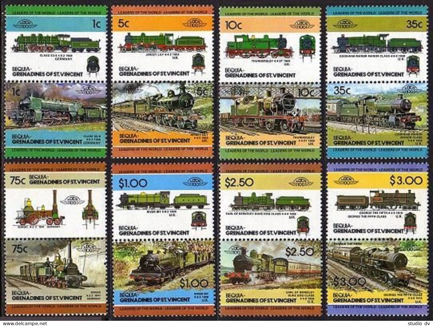 St Vincent Gren Bequia 2 X8 Ab Pairs,MNH.Michel 50-65. Locomotives,set 2,1984. - St.Vincent (1979-...)