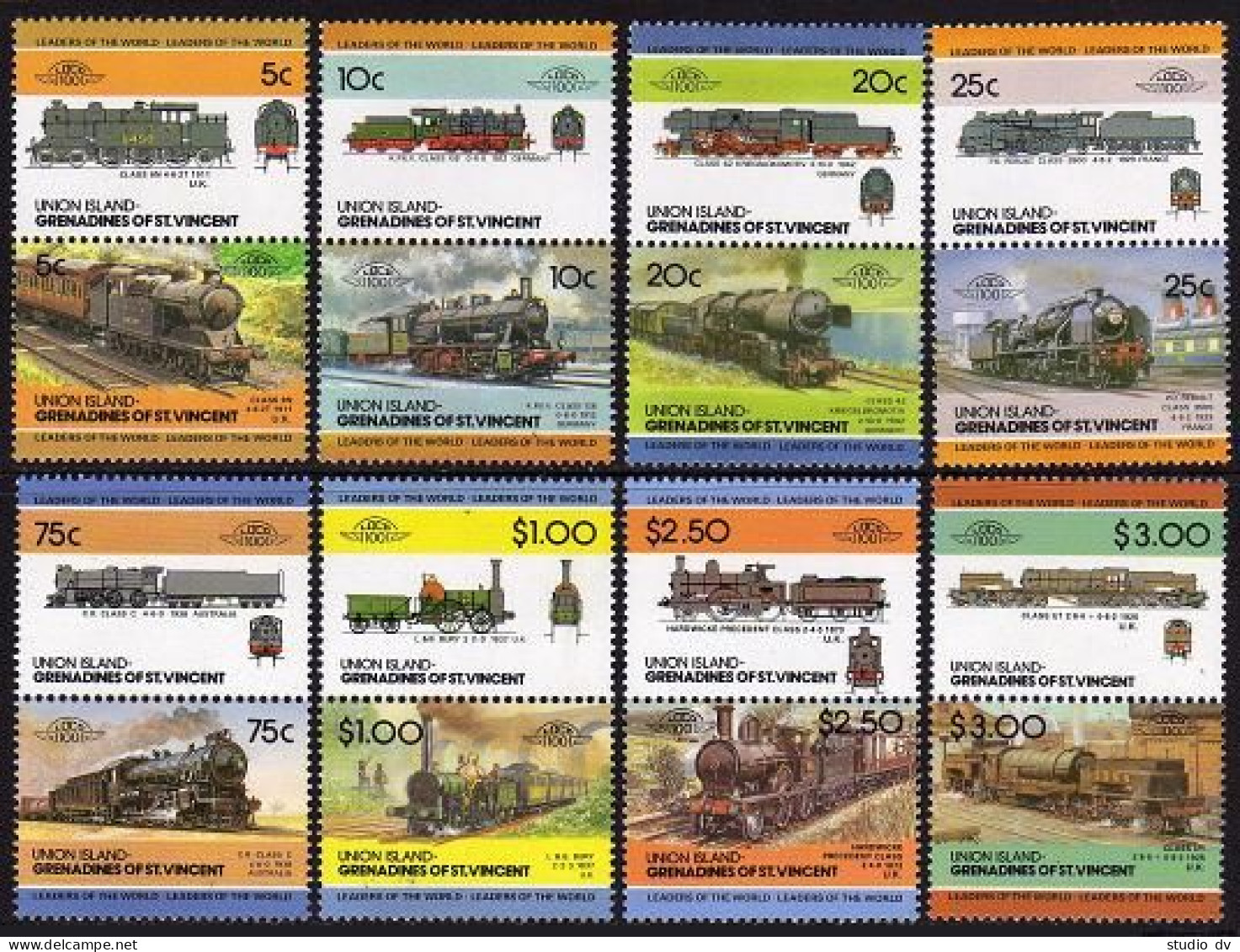 St Vincent Union 14 X8 Ab Pairs,MNH.Michel 54-69. Locomotives, Set 2,1984. - St.Vincent (1979-...)