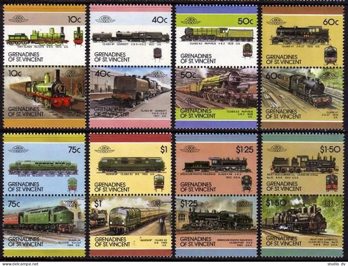 St Vincent Gren 301 X8 Ab Pairs,MNH.Michel 527-542. Locomotives Set 7,1987. - St.Vincent (1979-...)