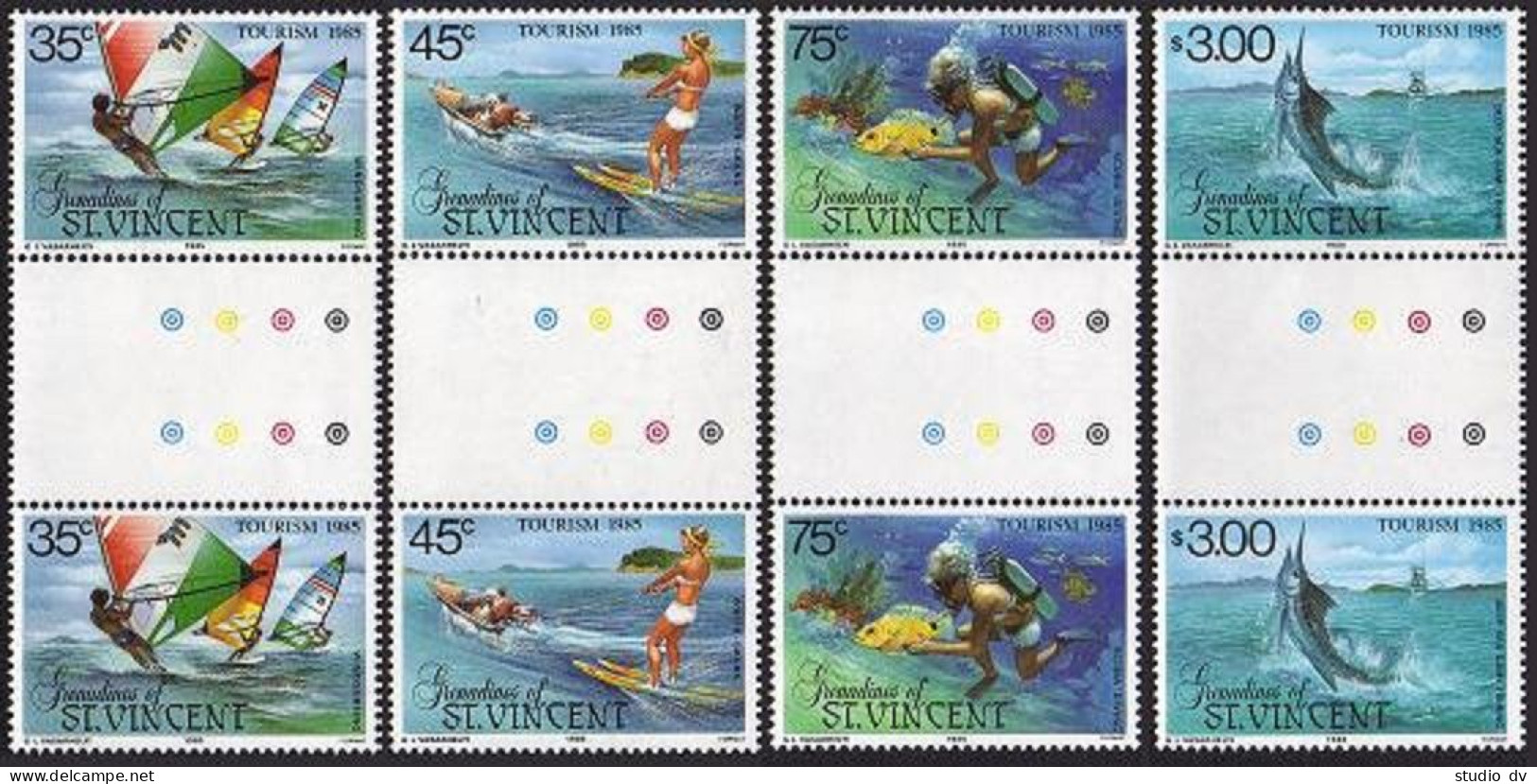 St Vincent Gren 484-487 Gutter,MNH.Mi 397-400. Tourism 1985.Scuba Diver,Fishing, - St.Vincent (1979-...)