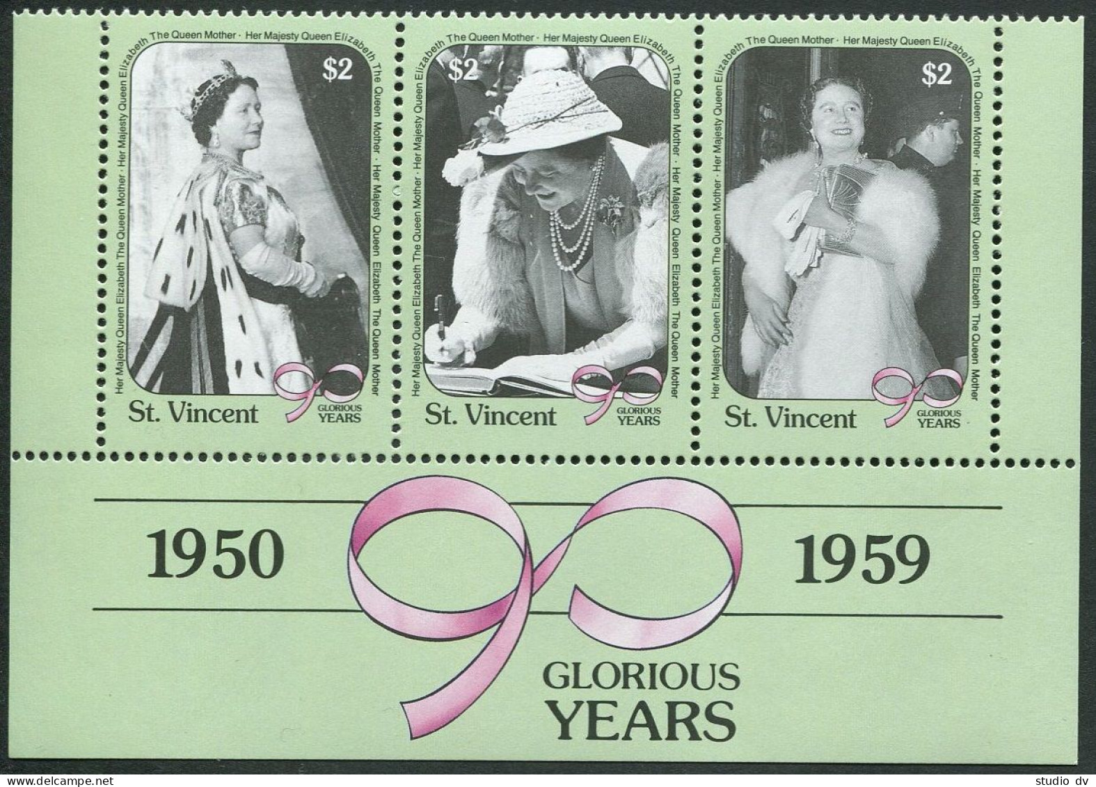 St Vincent 1332-1334a Strip,1335,MNH. Queen Mother Elizabeth 90th Birthday,1990. - St.Vincent (1979-...)