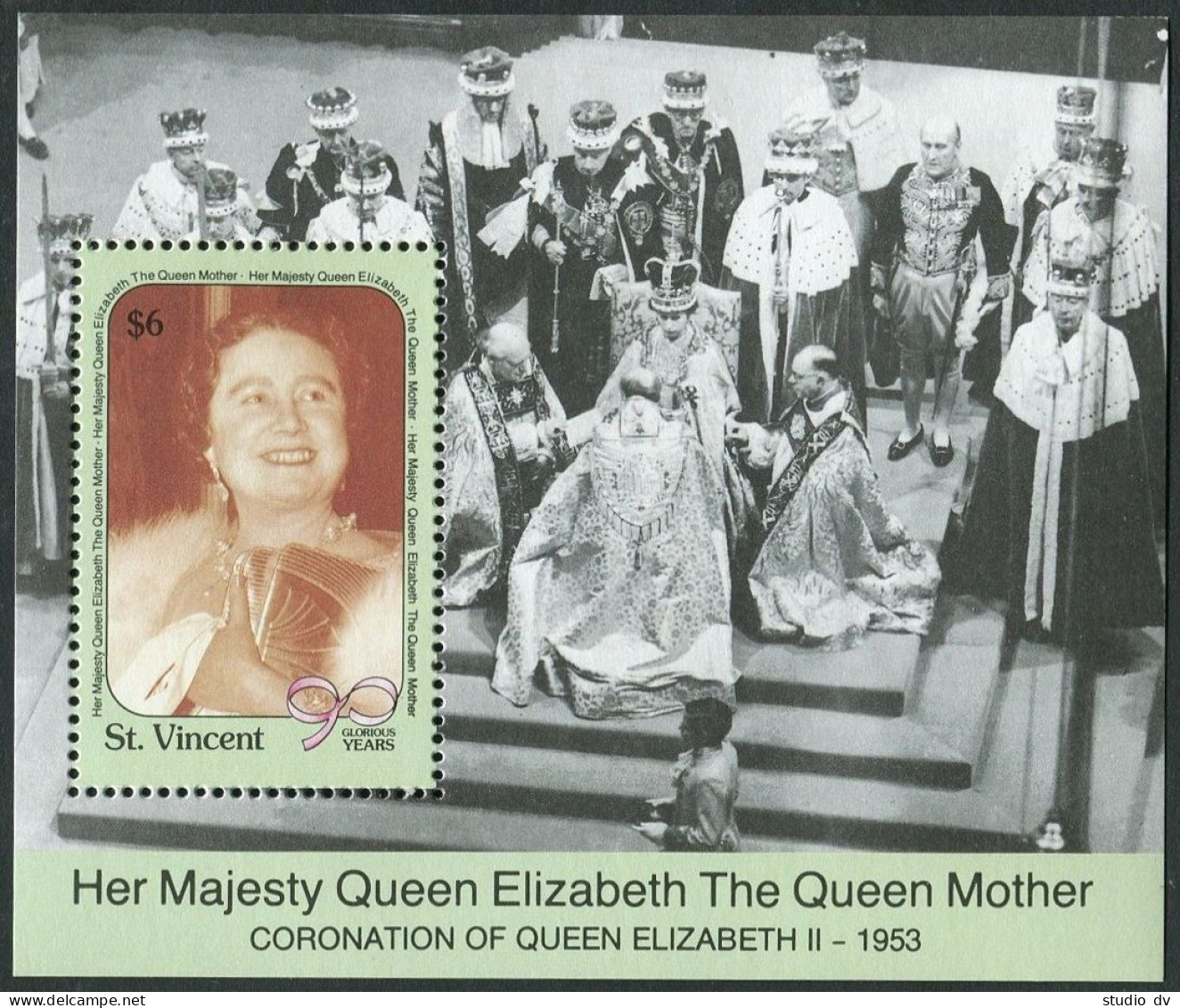 St Vincent 1332-1334a Strip,1335,MNH. Queen Mother Elizabeth 90th Birthday,1990. - St.Vincent (1979-...)