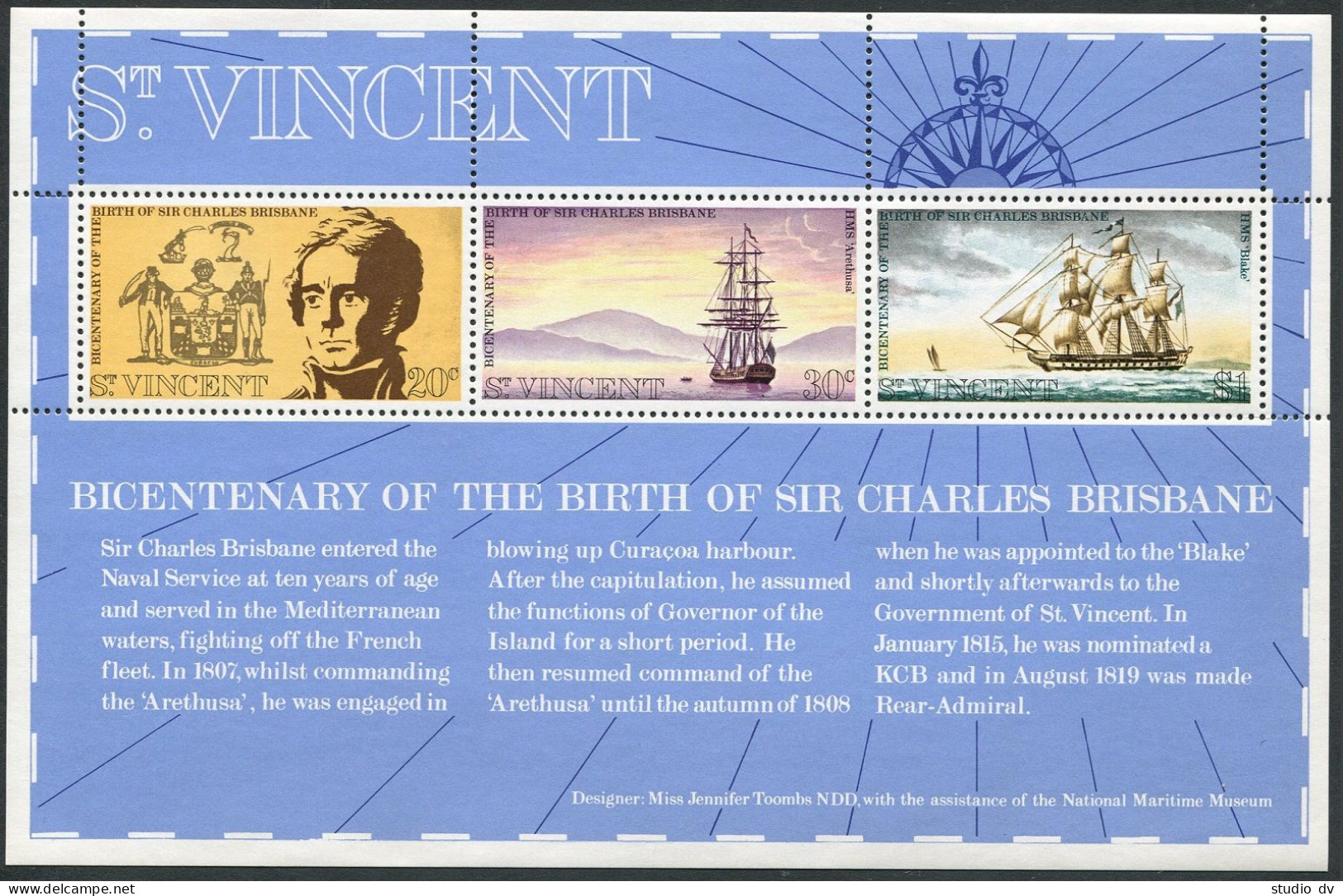 St Vincent 341-343, 343a, MNH. Mi 320-322,Bl.2. Sir Charles Brisbane, 1972. Ship - St.Vincent (1979-...)