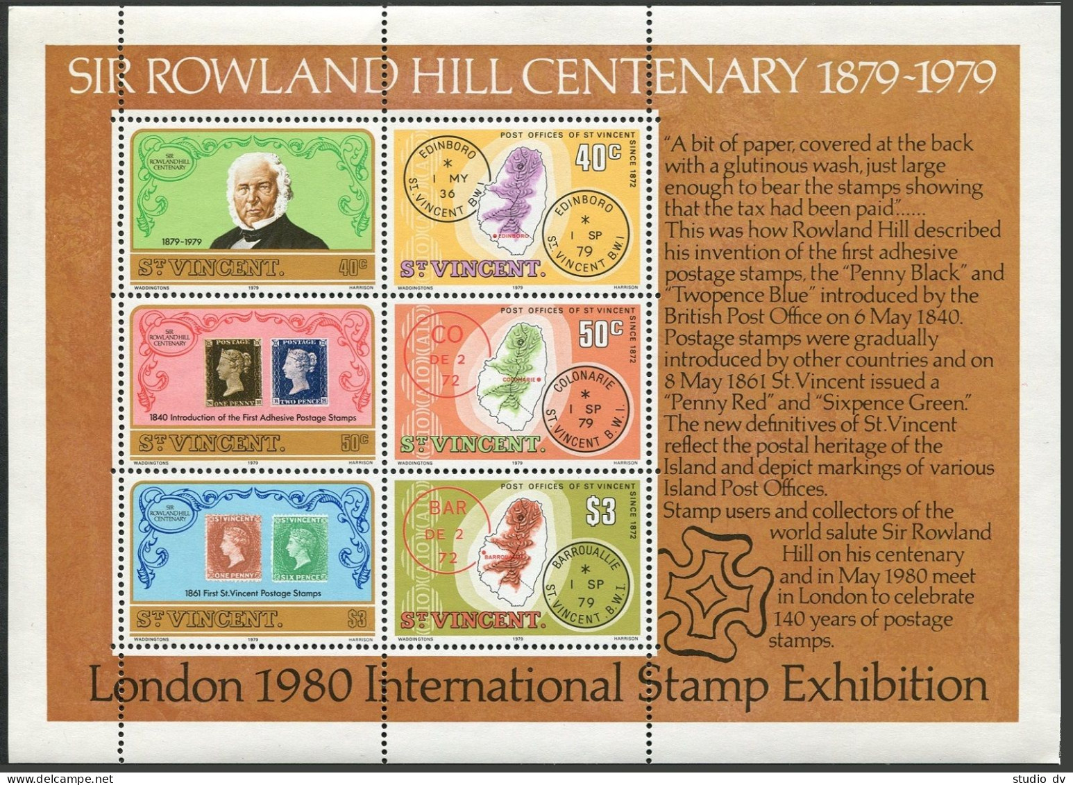 St Vincent 545-547, 547a, MNH. Mi 540-542, Bl.9. Sir Rowland Hill, Map, Stamps. - St.Vincent (1979-...)