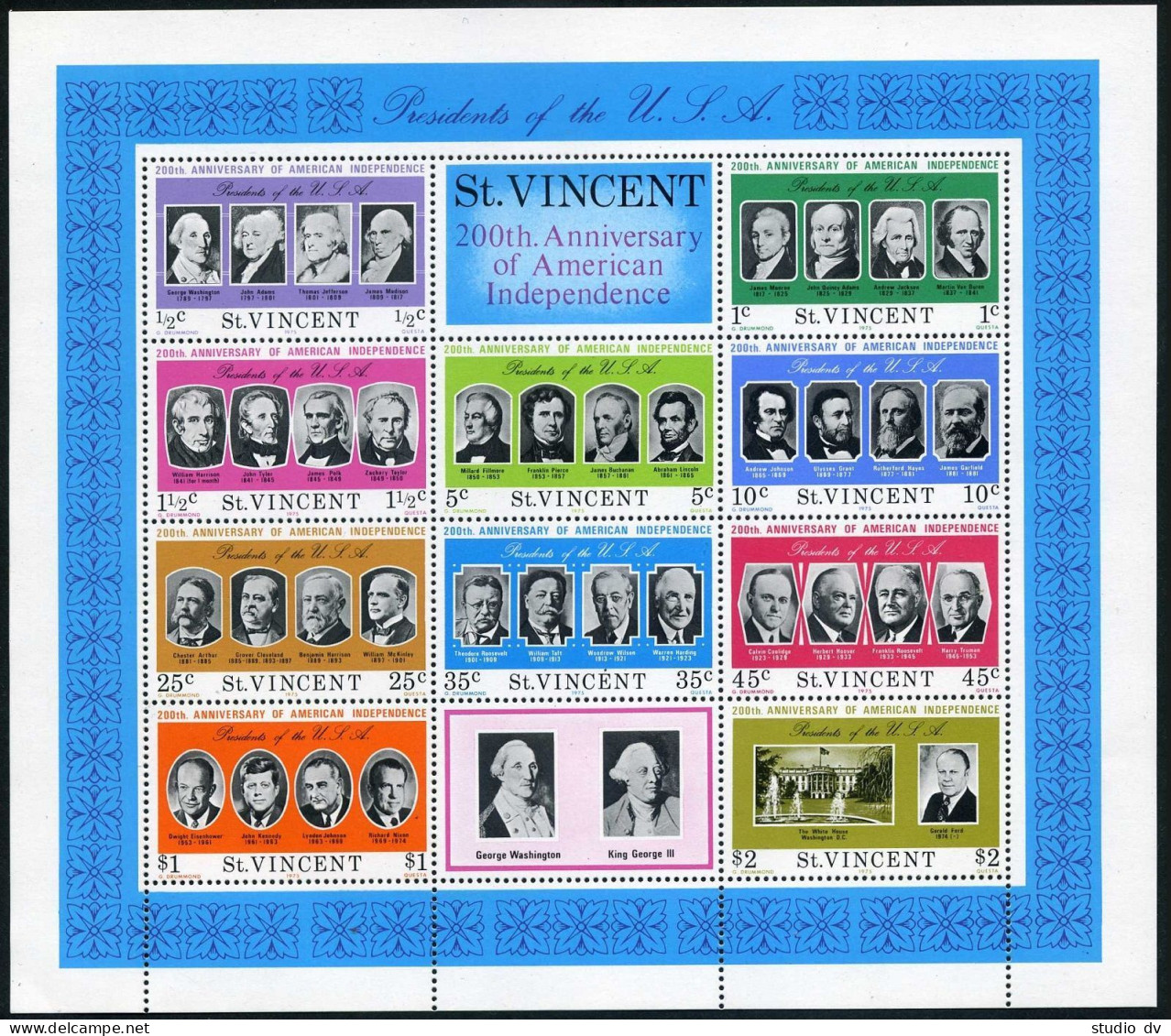 St Vincent 444a Sheet, MNH. Michel Bl.5. USA-200, 1976. Presidents. - St.Vincent (1979-...)