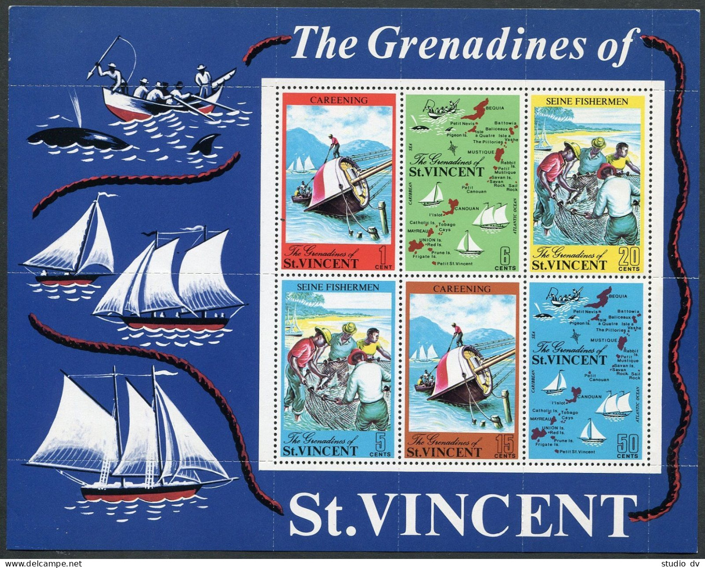St Vincent 329a, MNH. Michel Bl.1. Tourism 1971. Careening, Seine Fishermen,map. - St.Vincent (1979-...)