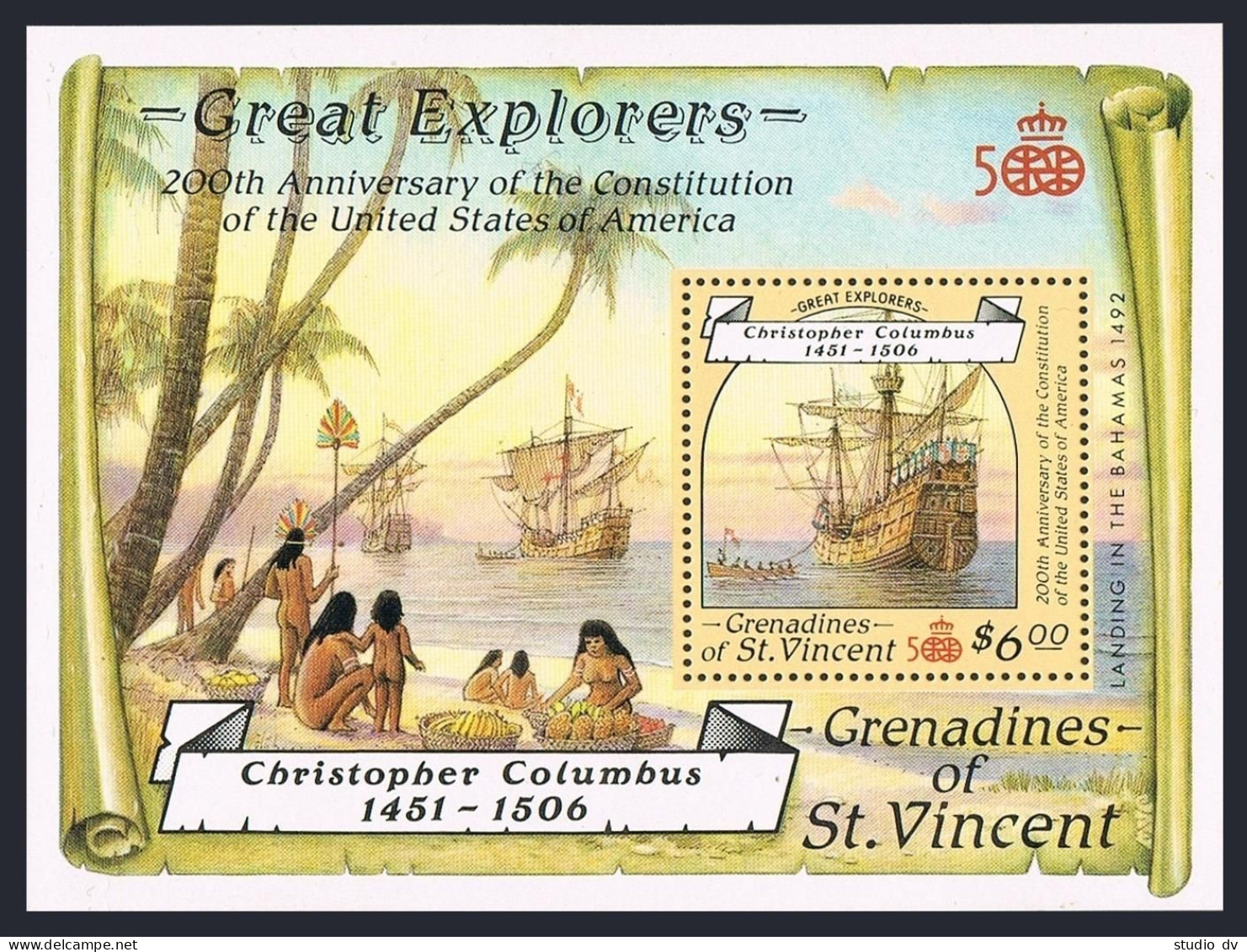 St Vincent Gren 604-605,MNH. Great Explorers,1988.Columbus-500,USA Constitution. - St.Vincent (1979-...)