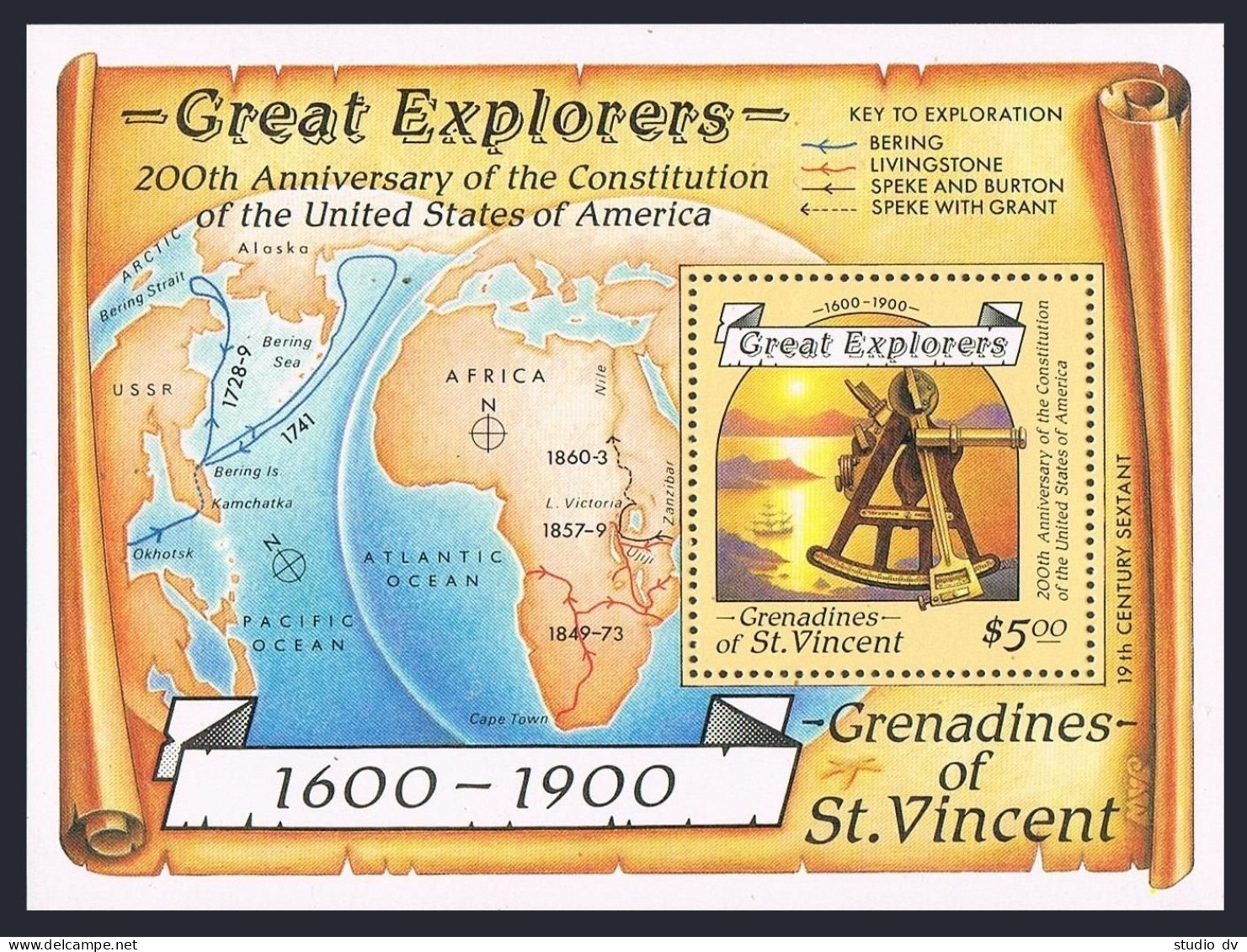 St Vincent Gren 596-605,MNH.Mi 587-596,Bl.34-35. Great Explorers,1988.Ships,Map. - St.Vincent (1979-...)