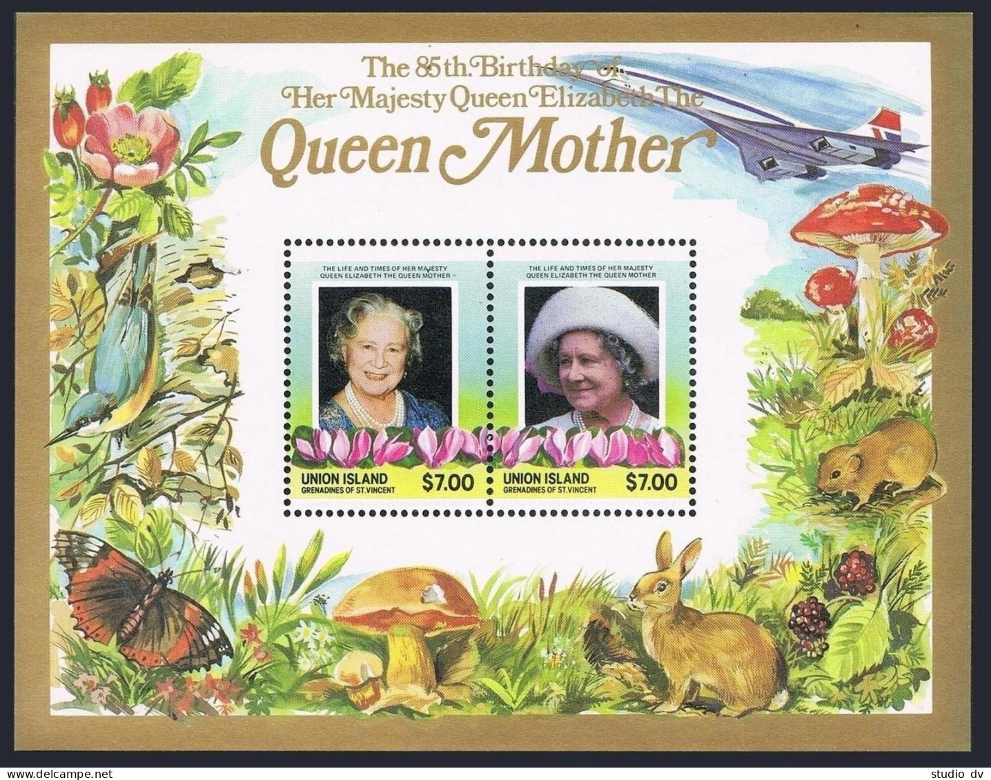 St Vincent Union 211-212, MNH. Mi Bl.2-3. Queen Mother, 85th Birthday. Fauna. - St.Vincent (1979-...)