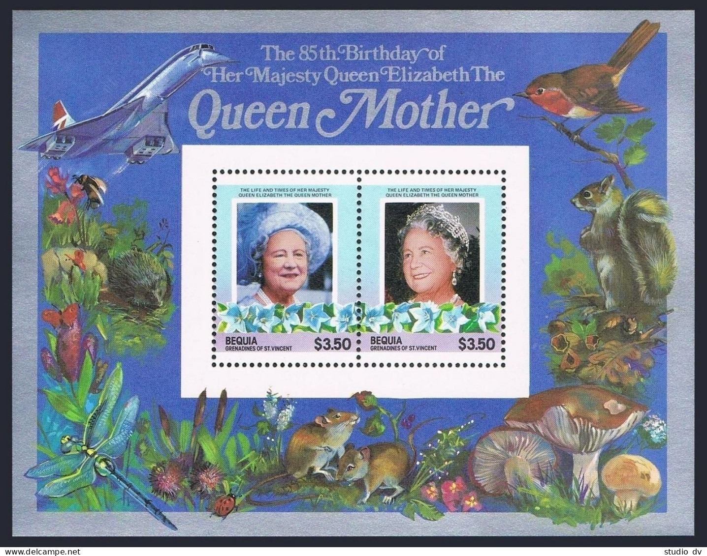 St Vincent Bequia 211-212,MNH.Michel Bl.2-3. Queen Mother,85th Birthday.Fauna. - St.Vincent (1979-...)