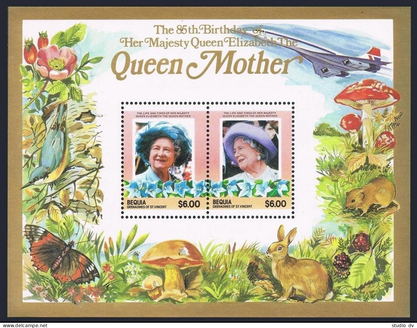 St Vincent Bequia 211-212,MNH.Michel Bl.2-3. Queen Mother,85th Birthday.Fauna. - St.Vincent (1979-...)