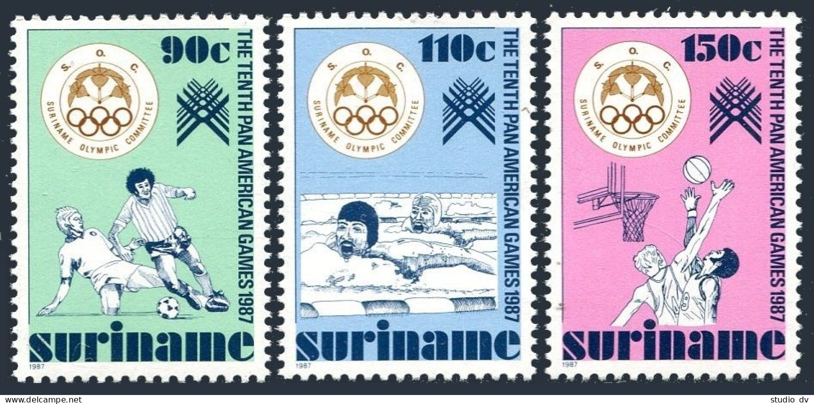 Surinam 763-765, MNH. Pan-American Games, 1987. Soccer, Swimming, Basketball. - Surinam