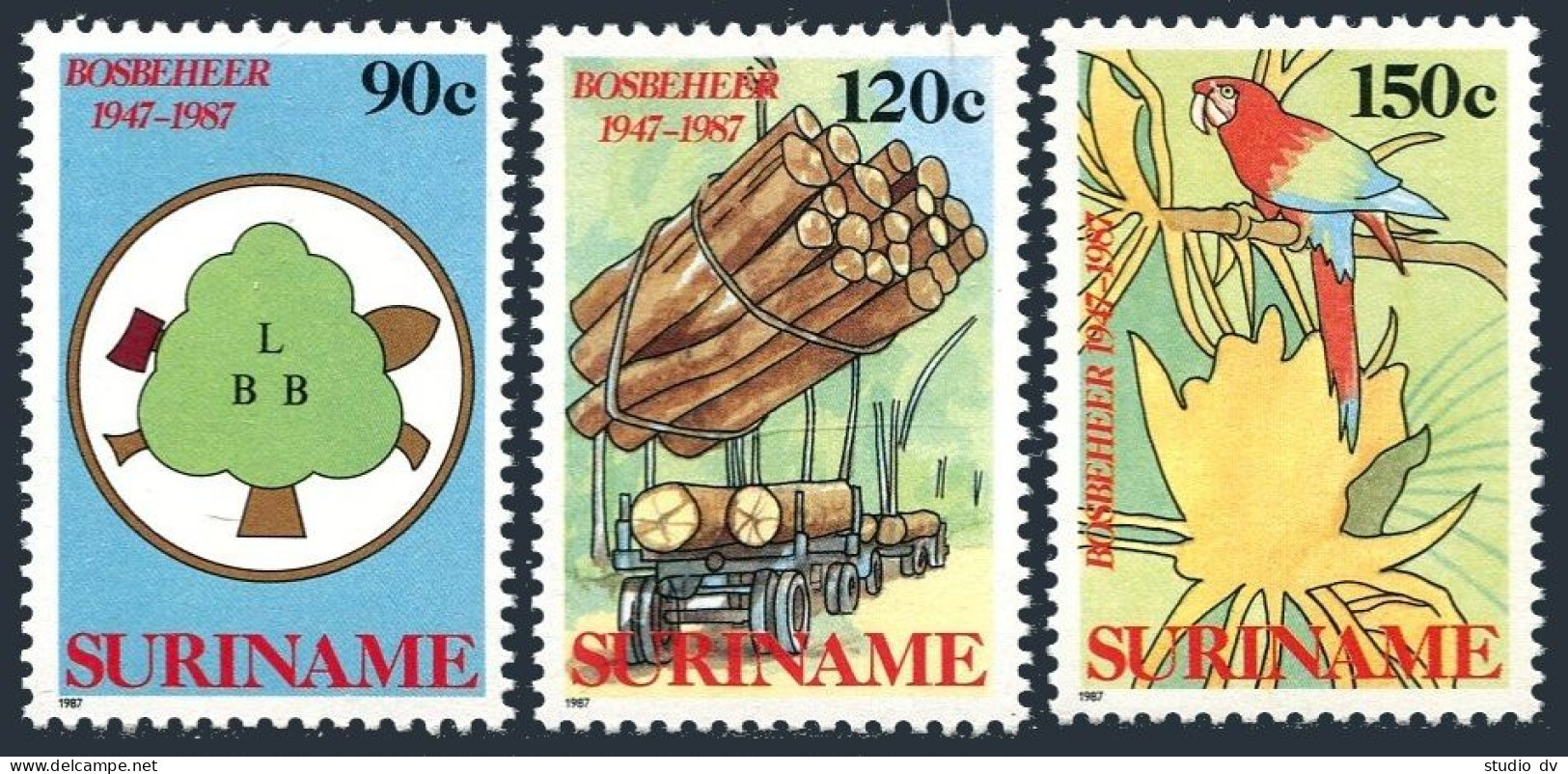 Surinam 766-768, MNH. Forestry Commission, 40th Ann. 1987. Logging, Parrot. - Suriname