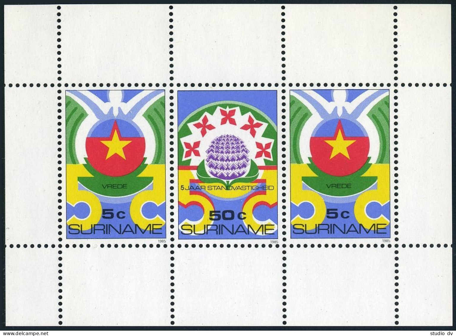 Surinam 703-707,705a, MNH. Mi 1120-1124,Bl.40. Independence,1985.Star,dove,plant - Suriname