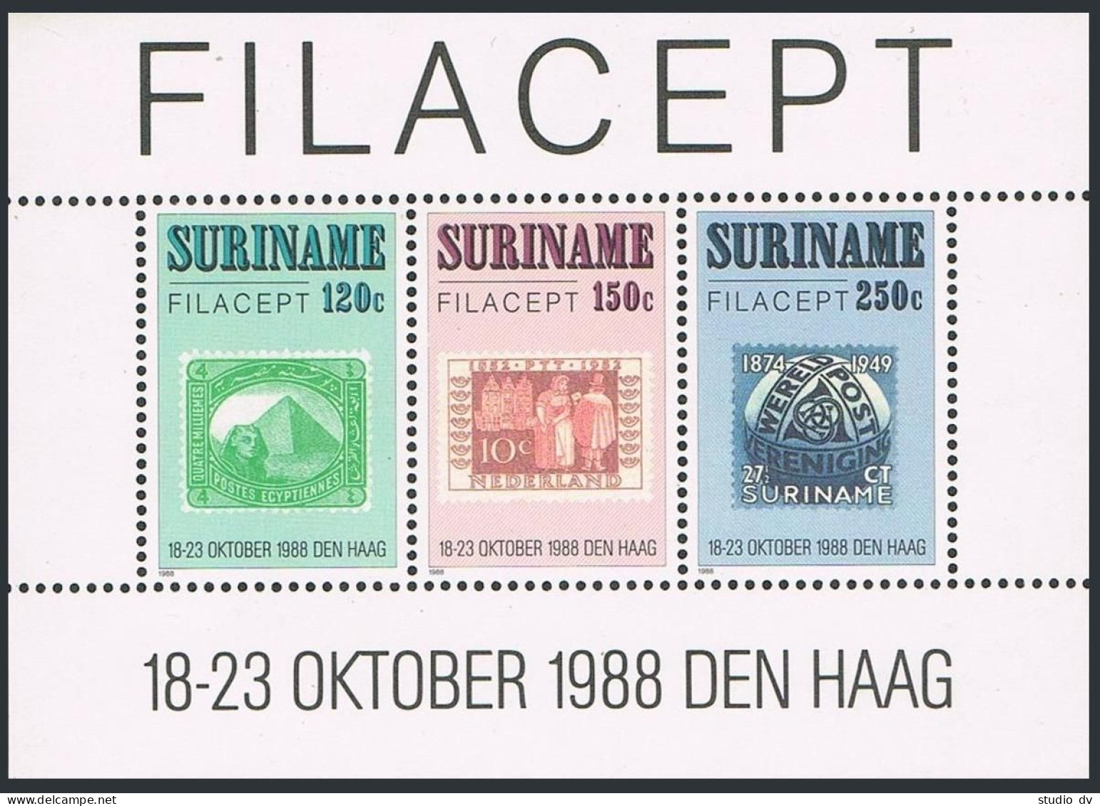 Surinam 822-824,825 Sheet, MNH. Michel 1274-1276, Bl.48. FILACEPT-1988. Stamps. - Suriname