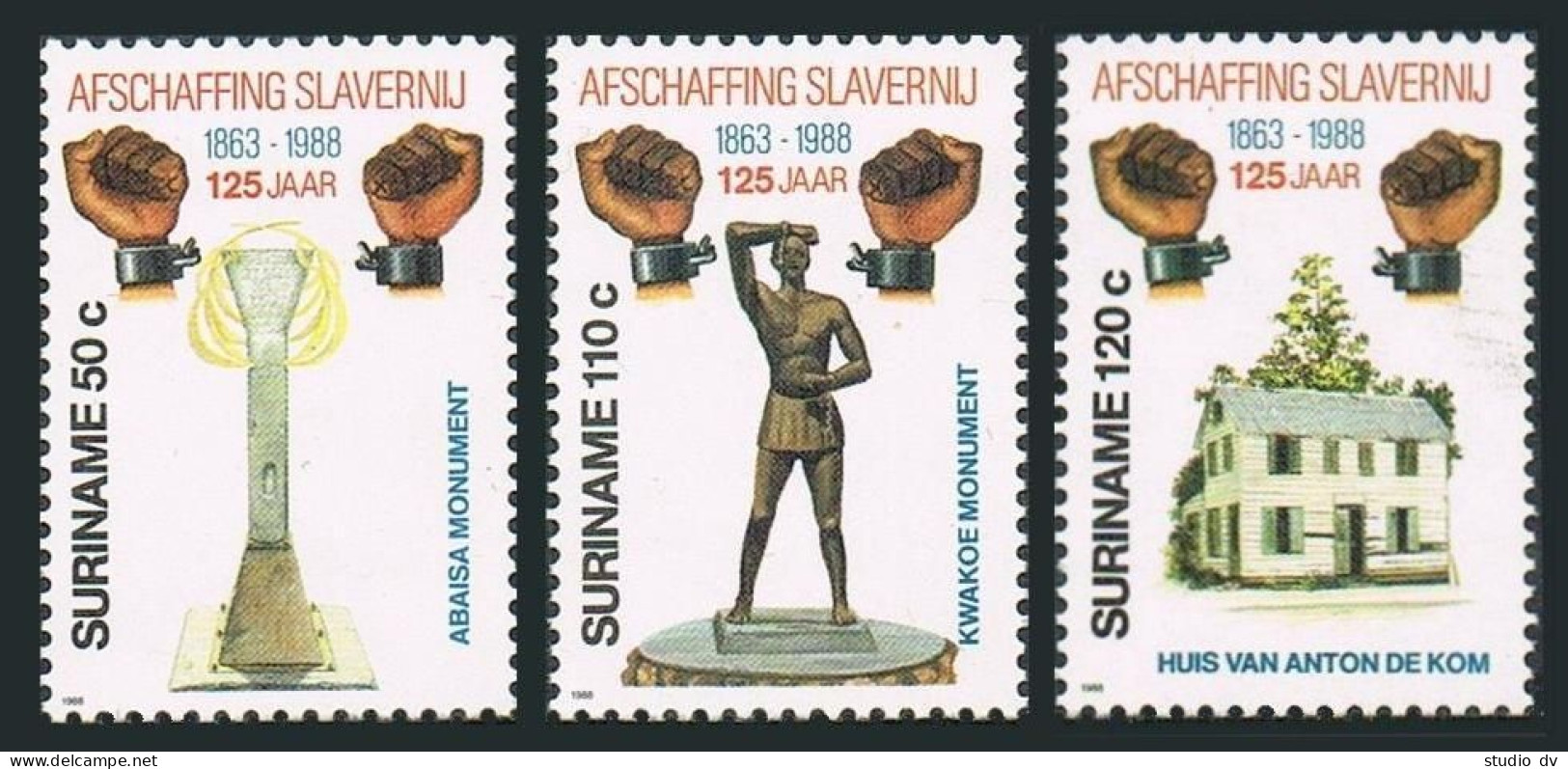 Surinam 816-818, MNH. Mi 1268-1270. Abolition Of Slavery, 125, 1988. Monuments. - Suriname