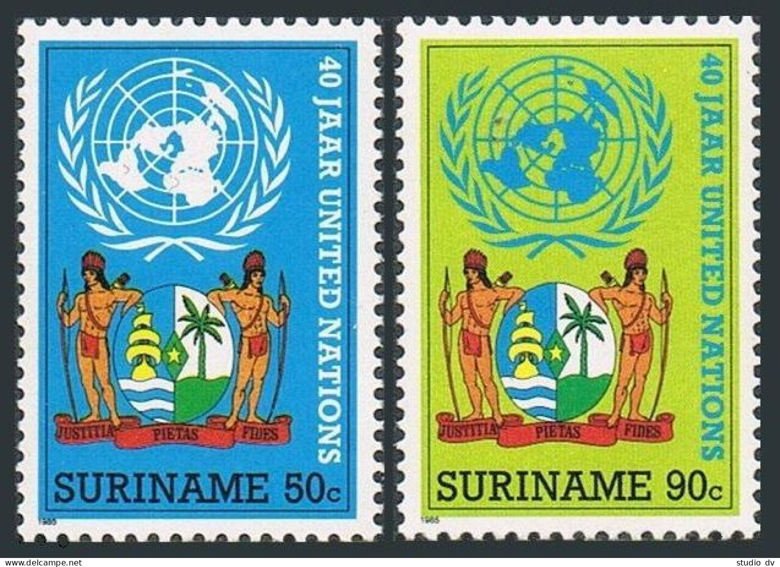 Surinam 710-711, MNH. Mi 1132-1133. UN, 40th Ann. 1985. UN Emblem,Coat Of Arms. - Suriname