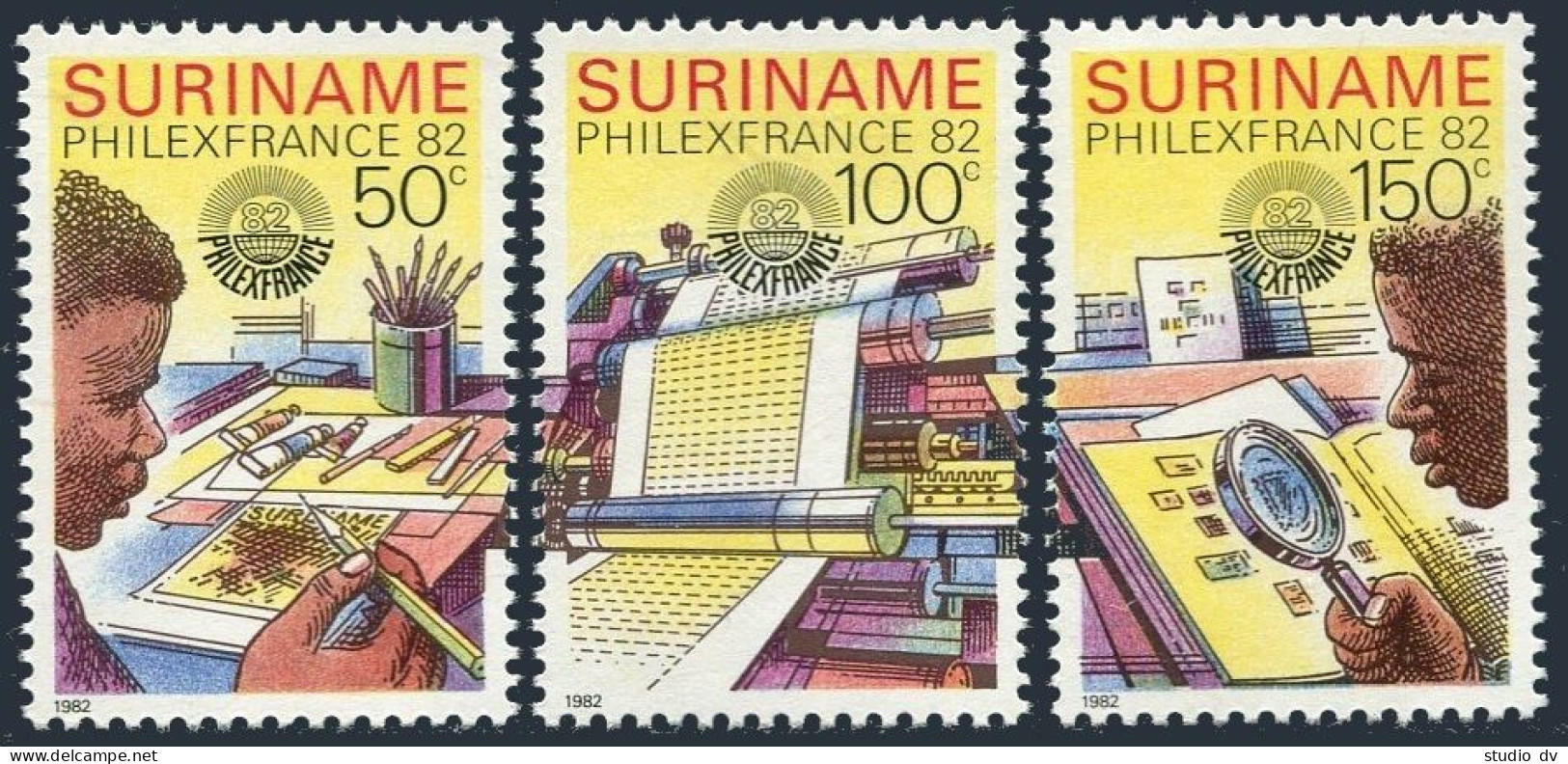Surinam 600-602, MNH. Mi 987-989. PHILEXFRANCE-1982. Stamps Designing, Printing, - Surinam