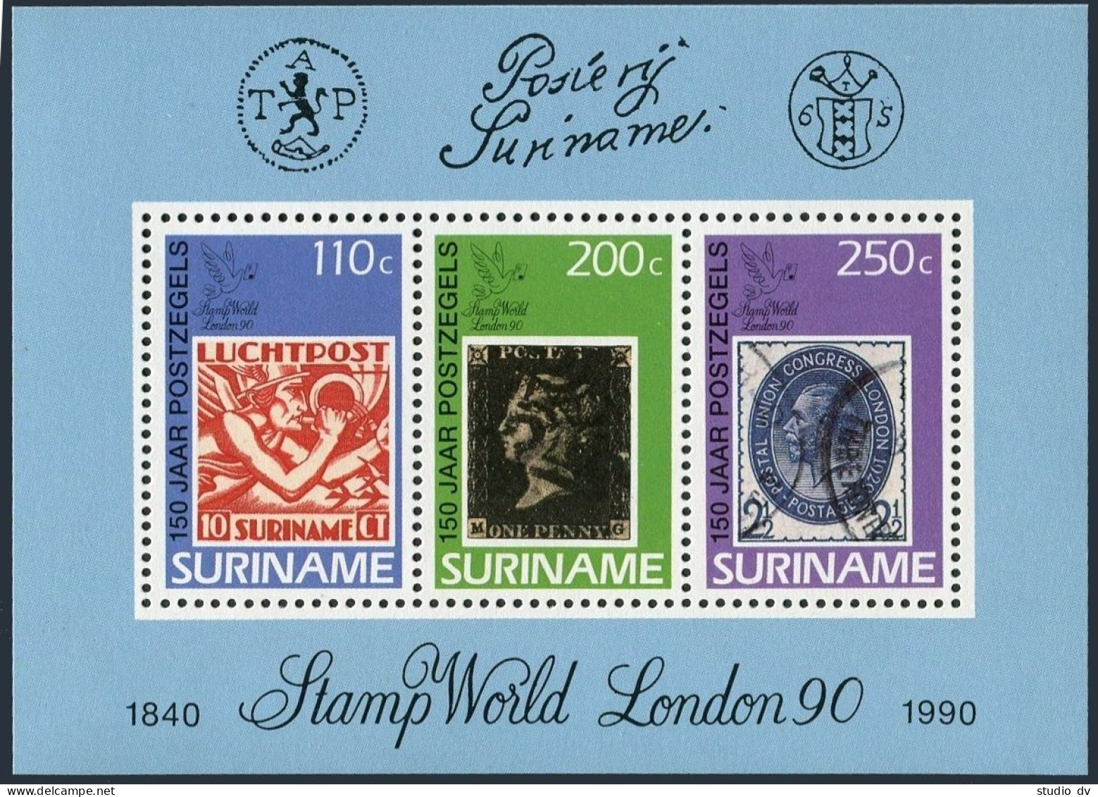 Surinam 860a Sheet, MNH. Mi Bl.53. Penny Black-150. Stamps World London. 1990. - Suriname